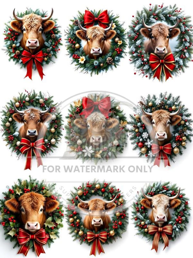Op de afbeelding: Een verzameling digitale afbeeldingen met bruine koeien versierd met feestelijke kerstkransen. Elke koe is gecentreerd in een krans van groene bladeren, rode bessen en gouden ornamenten, geaccentueerd met een grote rode strik. De tekst "FOR WATERMARK ONLY" is zichtbaar.