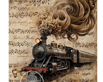 A4 Musical Steam Engine Decoupage Rice Paper, DC482