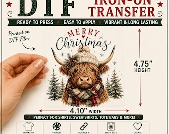 Merry Christmas Cow DTF Iron-On Transfer 4.1"x 4.75"