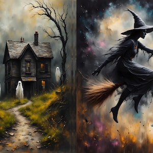 A4  Decoupage Rice Paper Ghost Watch & Witch Flight, DC746 for crafts, home decor upcycles, and junk journals