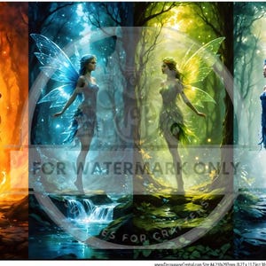 May include: Four fairies, each representing a different element, stand in a forest setting. The fairies are depicted with wings and flowing dresses, each with a color scheme corresponding to their element: red for fire, blue for water, green for earth, and purple for air.
