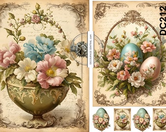May include: Vintage-style decoupage paper featuring floral arrangements and Easter eggs. The design includes a green vase filled with pink, white, and blue flowers, and a decorative frame with Easter eggs and flowers. The paper has a sepia tone with ornate borders.