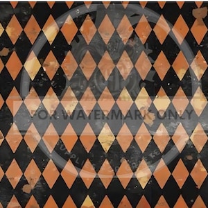 May include: A repeating pattern of black and orange diamonds on a textured background. The diamonds are arranged in a grid-like fashion, creating a visually striking design. The color palette is dark and moody, with a vintage or distressed aesthetic.