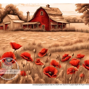 A4 Poppies and Red Barn Decoupage Rice Paper, DC357