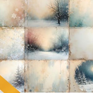 May include: A digital collage of nine watercolor paintings featuring winter scenes. The images include snowy landscapes, trees, and snowflakes. The images are arranged in a grid pattern.