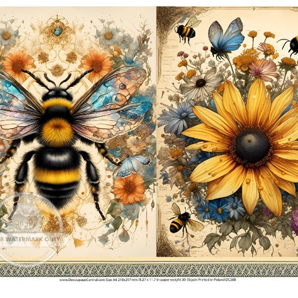 A4 Bee and Daisy Duo Decoupage Rice Paper, DC388