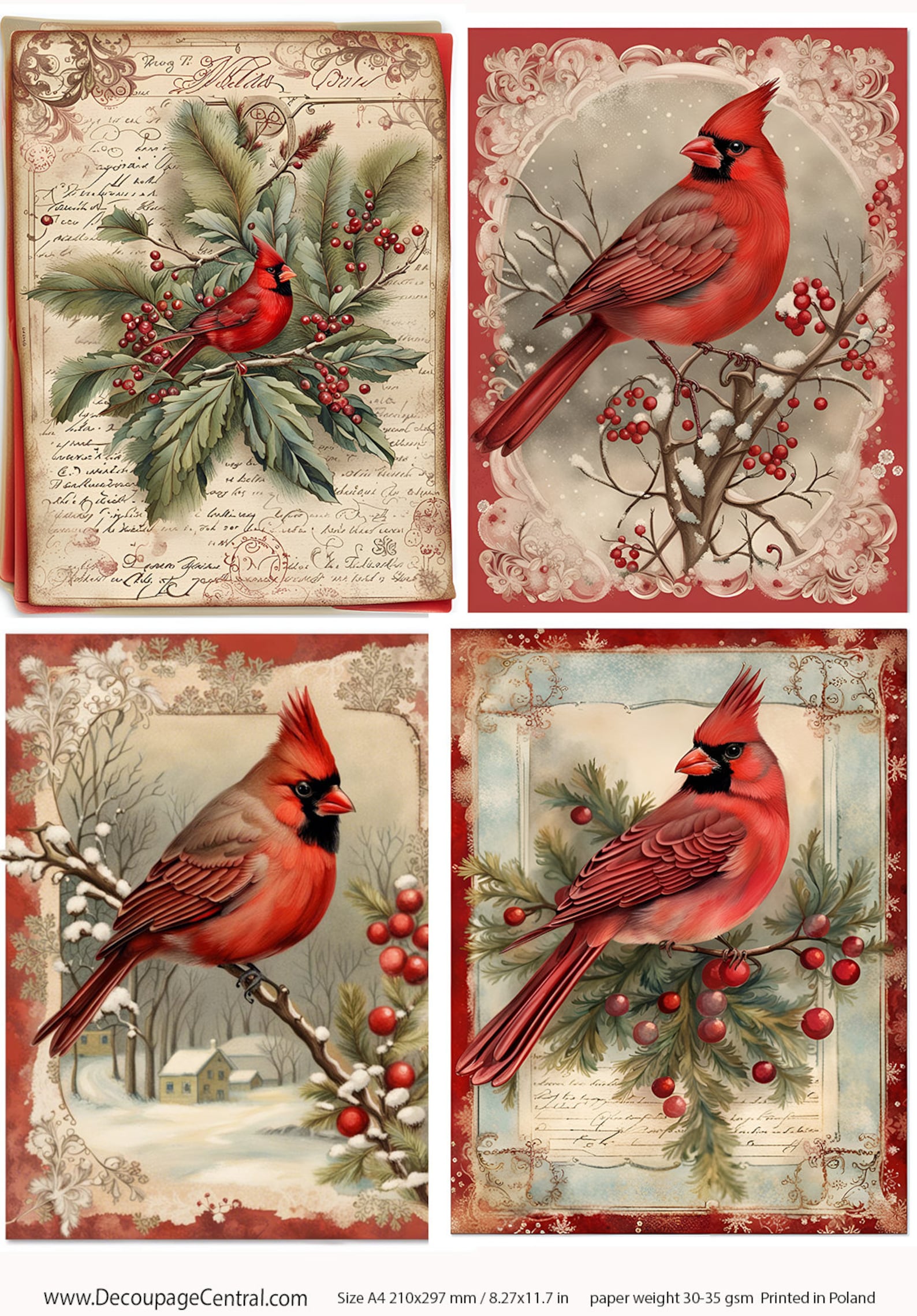 Cardinal Rice A4 Cardinal Collection , 4 Images on One Page, Decoupage Rice Paper ...