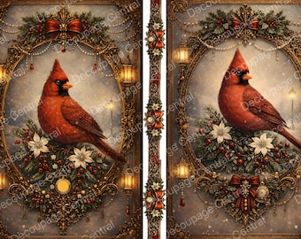 A4 Gilded Cardinal Christmas Panels Rice Paper DC981