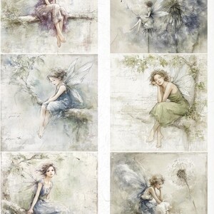 May include: A collage of six watercolor illustrations featuring fairies. Each fairy is depicted with delicate wings, seated on branches or near dandelions. The color palette includes soft blues, greens, and purples, with a vintage aesthetic. The paper is 210x297 mm.