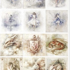 May include: A sheet of paper featuring watercolor illustrations of fairies and dragons. The fairies are depicted in various poses with flowing dresses and wings. Dragons are shown in different settings, including a coat of arms and a sleeping pose.