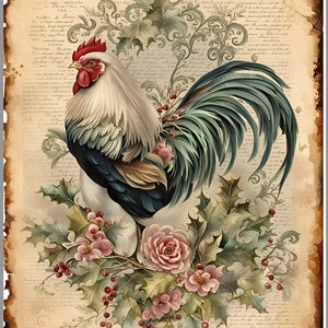 A4 Rooster in Flowers Decoupage Rice Paper, DC113