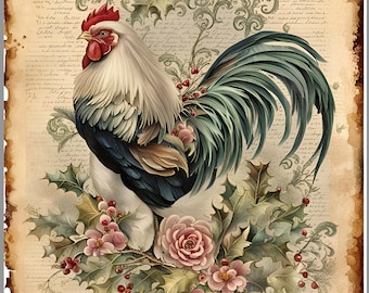 A4 Rooster in Flowers Decoupage Rice Paper, DC113