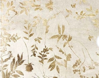 May include: A white background with a gold leaf pattern. The leaves are in a variety of shapes and sizes, and they are arranged in a random pattern. The background has a textured look, like it is made of paper.