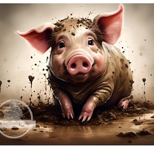 May include: A pink pig covered in mud, with a happy expression, is standing in a muddy puddle. The pig is surrounded by mud splatters and drips.