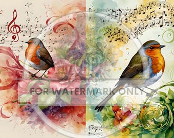 Decoupage rice paper, A4 musical bird duo design, spring bird rice paper, floral background, craft decoupage napkin for mixed media art