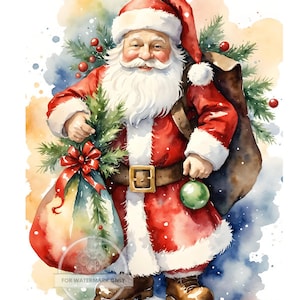 Puede incluir: Una pintura de acuarela de Santa Claus con un traje rojo y una barba blanca. Lleva una gran bolsa de regalos y un adorno verde. Est&aacute; de pie frente a un fondo nevado.