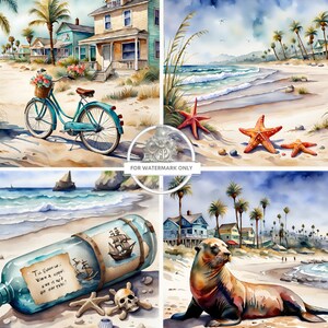 May include: A watercolor painting of a beach scene with a turquoise bicycle, a message in a bottle, a sea lion, and starfish. The painting is divided into four sections, each with a different scene.