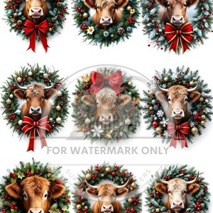 Op de afbeelding: Een verzameling digitale afbeeldingen met bruine koeien versierd met feestelijke kerstkransen. Elke koe is gecentreerd in een krans van groene bladeren, rode bessen en gouden ornamenten, geaccentueerd met een grote rode strik. De tekst "FOR WATERMARK ONLY" is zichtbaar.