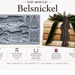 May include: A grey silicone IOD mould labeled Belsnickel featuring two figures of Belsnickel, one in a horizontal position and one vertical, along with small oval tags reading Yule, Joie, and Noel. A brown Belsnickel figure sits on stacked books.