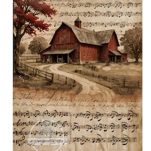 May include: A vintage-style illustration of a red barn with a dirt road leading up to it. The barn is surrounded by a wooden fence and trees. The background is a faded brown with musical notes and handwritten text. The text reads "Dear Dad of the Tri-City School, I'll do everything in my power to make this the best..."
