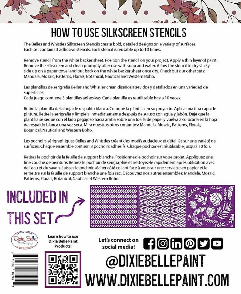 3 sheets of designs with applicator New Dixie Belle Silk Screened Stencils reusable stencils BOTANICAL COLLECTION free shipping