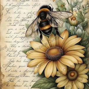 May include: A vintage-style print featuring a detailed illustration of a bumblebee hovering over yellow sunflowers and green leaves. The background is a parchment-like paper with handwritten script.
