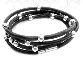 bracelet maxmuc Black leather avec bracelet en veloppage de perles en acier inoxydable