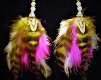 Olive Green And Pink Feather Earrings