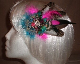 Teal and Pink Pixie Feather Hair Piece