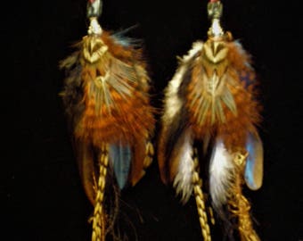 Brown With Blue Feather Earrings