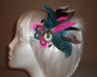 Pink and Teal Feather Hair Piece