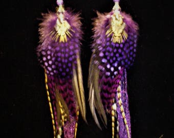 Purple Dots And Stripes Feather Earrings