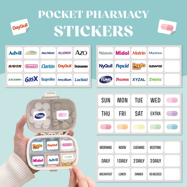 Pocket Pharmacy Stickers ONLY | Pill Storage Box Stickers | Mini Medicine Stickers | 10 or 30 Stickers Included