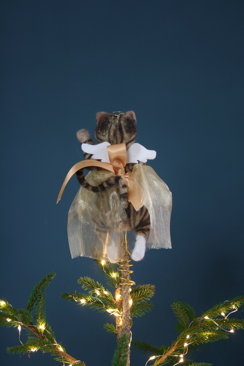 Needle Felted Tabby Cat Angel Tree Topper, Christmas Decorations, Cat