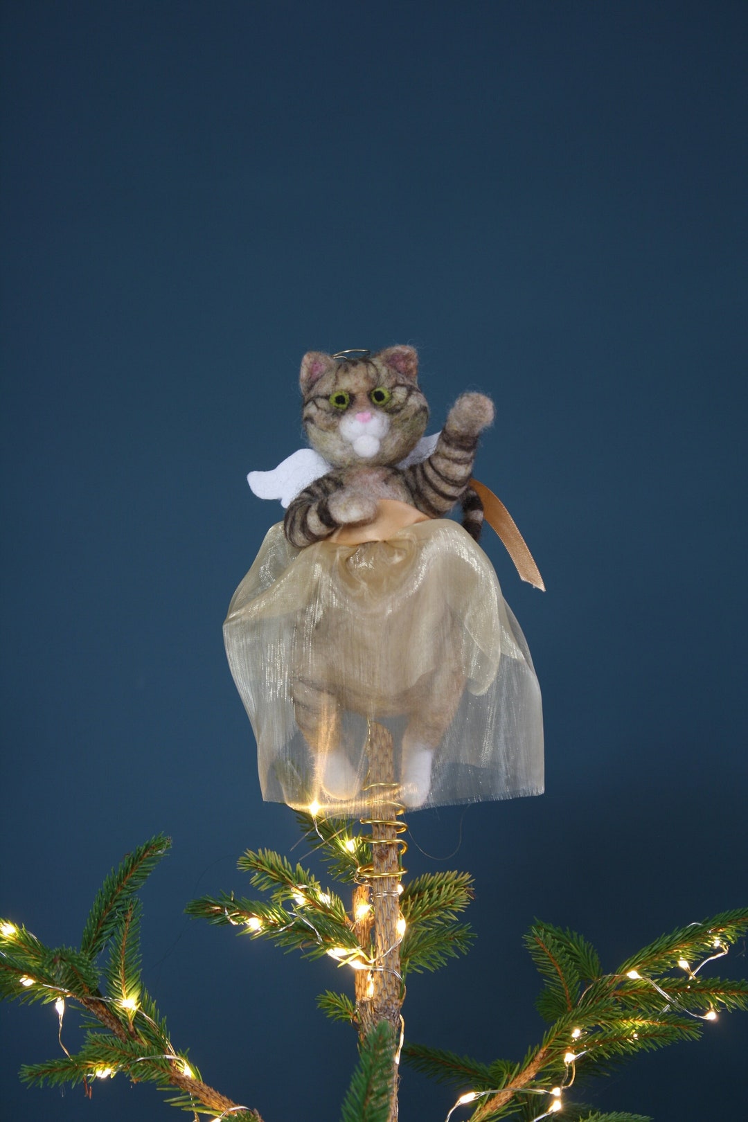Needle Felted Tabby Cat Angel Tree Topper, Christmas Decorations, Cat