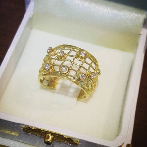 Lace Ring, Woven Diamonds Ring for Women, Tiny Diamonds Ring, Wide Gold Band Ring, Filigree Ring, 14k Solid Gold Ring, Unique Wedding Ring