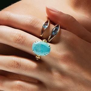 Turquoise Gold Statement Ring For Women, Large Turquoise Stone Ring, 14k Solid Gold Ring, Unique Blue Stone Ring, Turquoise Jewelry