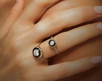 Weißer Saphir 14k Gold Art Deco Ring, Diamant Emaille Halo