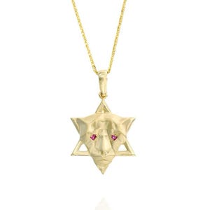 14K Gold Lion of Judah Star of David Necklace – Ruby Eyes, Handmade Israeli Pendant