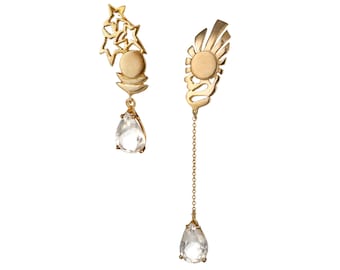 Orecchini asimmetrici sole e luna in oro 14k, gioielli pendenti con cristalli