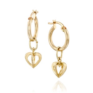 14k Gold Heart Hoop Earrings, 14k Gold Heart Jewelry For Women, Dangle Heart Drop Earrings For Women, Dainty Hoop Earrings, Gifts for Her