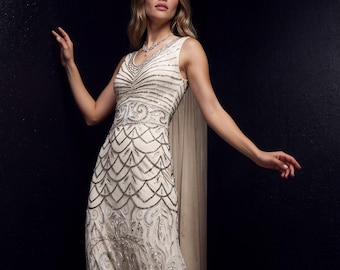 Off White 1920s Gatsby Wedding Dress, Beaded Art Deco Flapper Bridal Gown, Vintage Style