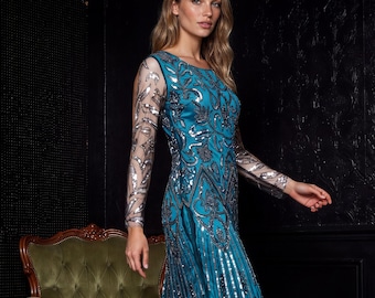 Teal 1920s Gatsby Mother of the Bride Dress, Modest Long Sleeve Beaded Sequin Art Deco Evening Gown