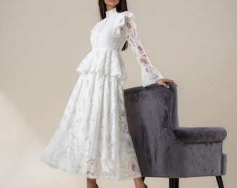 Boho Intricate Wedding Dress Long White Vintage High Neck Maxi Flared Sleeve Bridal Gown