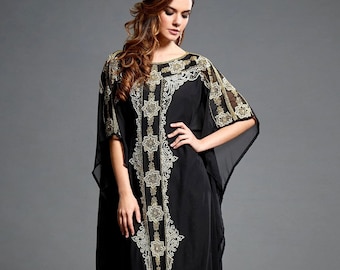 Aliya Black Kaftan Dress, Gold Silver Bohemian Dress, Loose Fitting Dress, Elegant Dubai Kaftan, Flowy Wedding Gown, Plus Size Dress, S-XXXL