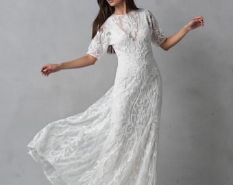 Lilly 1920s Gatsby Wedding Dress, Off White Art Deco Mermaid Bridal Gown with Sleeves