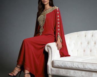 Luxury Red Kaftan Dress Arabic Beaded Abaya Dubai Caftan Maxi Plus Size Evening Gown
