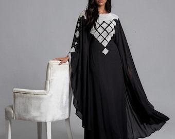 Black Beaded Kaftan Maxi Dress Elegant Flowing Abaya Boho Evening Gown