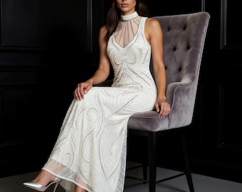 1920s Gatsby Wedding Dress | Embellished Art Deco Flapper Gown | Vintage Style Bridesmaid Maxi Dress