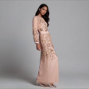 peach long sleeve prom dresses Peach Satin Lace Ball Gown Formal Prom Dress EN5407 Size 10 / Peach
